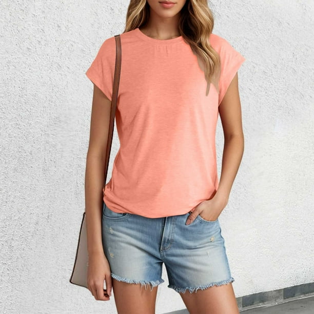 MKLEKYY Playeras Mujer Casual Camiseta De Verano De Manga Corta Para Mujer, Color Liso, Con Mangas Cubiertas Talla XXL