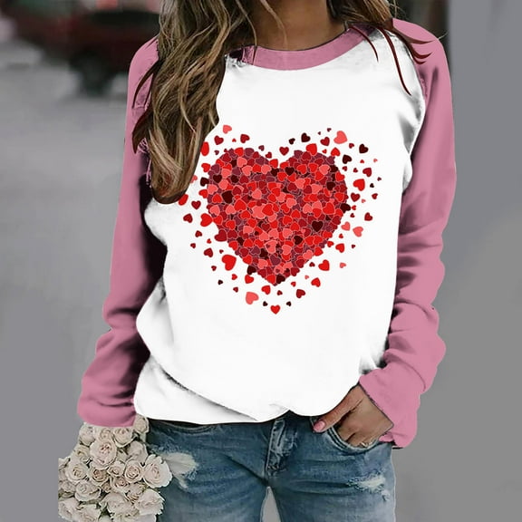 Charella Women's Valentine's Day Printed Shirt Casual Long Sleeves Blouse Round Neck Pullover Tops Pink,4