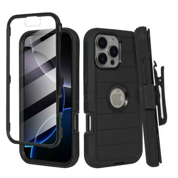 Thousandgear Compatible with iPhone 16 Pro Max 6.9" Heavy Duty Built in Screen Defender Phone Case, with Belt-Clip Holster Pro Black