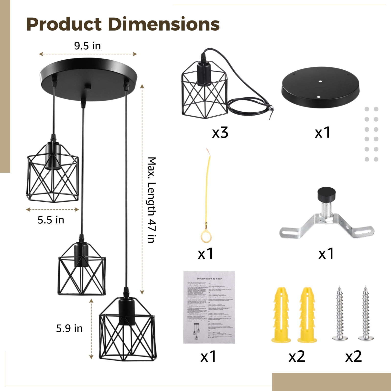 3-Light Ceiling Pendant Light, Flush Mount Hanging Light Fixture with Adjustable Cords, Geometric Iron Lampshades, E26 Base for Kitchen, Dining Room, Living Room, Bedroom Lighting