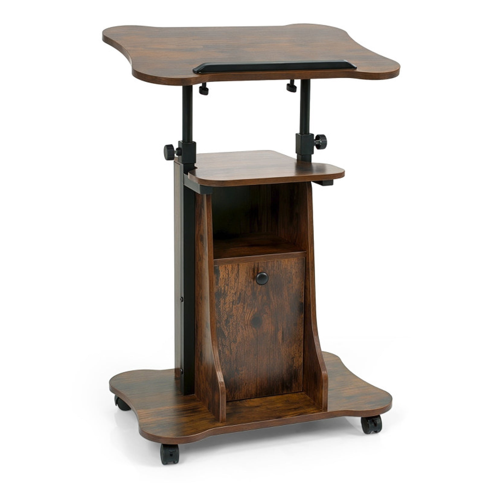 Furnibear Adjustable Mobile Standing Desk Cart with Tilting Top Storage Cabinet and Lockable Wheels for Home Office and School, Rustic Brown