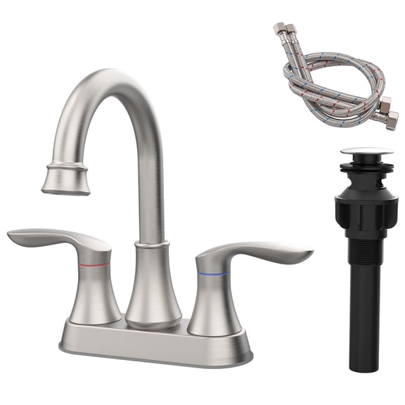 2-Handle 4-Inch Brushed Nickel Bathroom Faucet, Bathroom Vanity Sink Faucets with Pop-up Drain and Supply Hoses