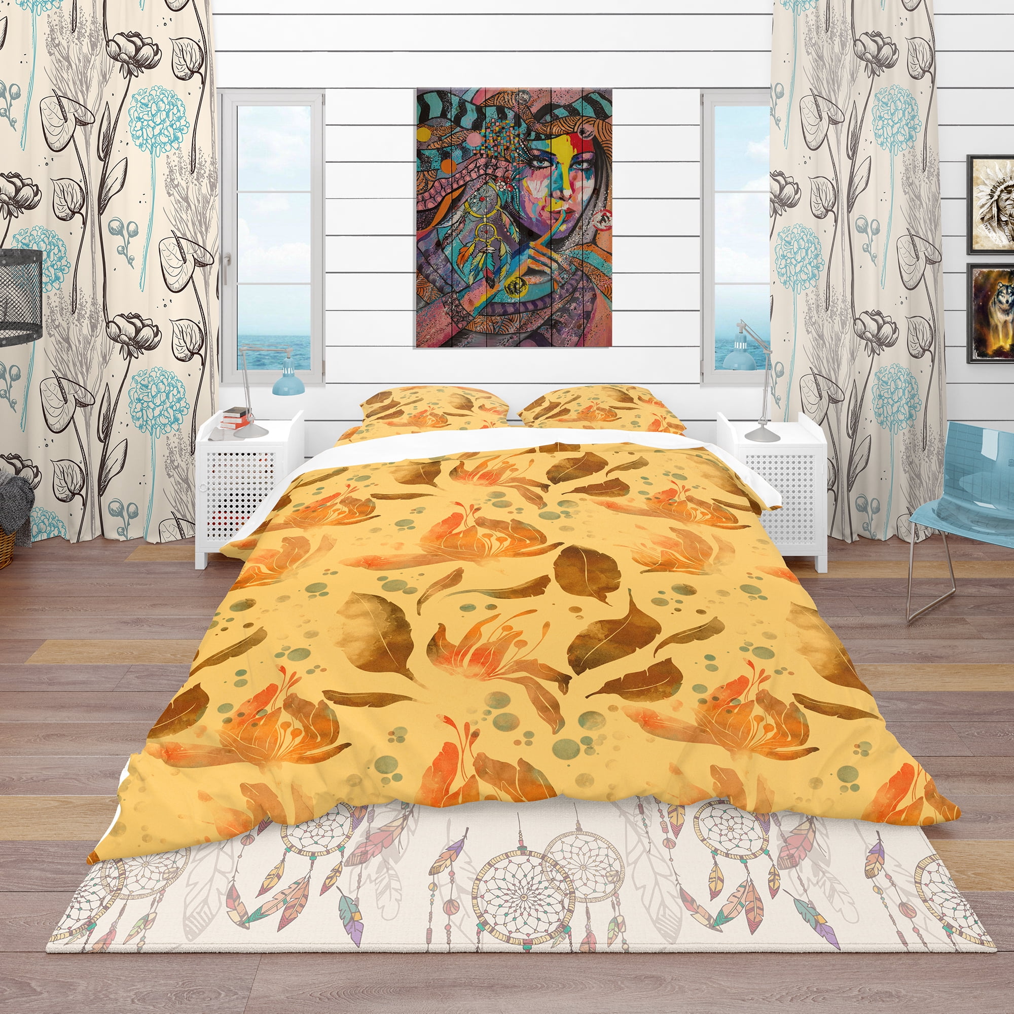 Designart 'Flowers and Leaves Tea' Bohemian & Eclectic Duvet Cover Set