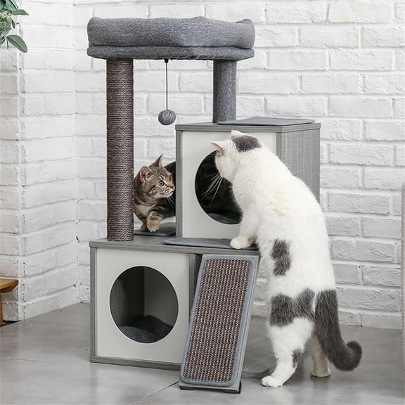 Pefilos 35" Cat Tree Houses for Indoor Cats Wooden Cat Tower Featuring 2 Condo, Removable Soft Perches Kittens, Gray