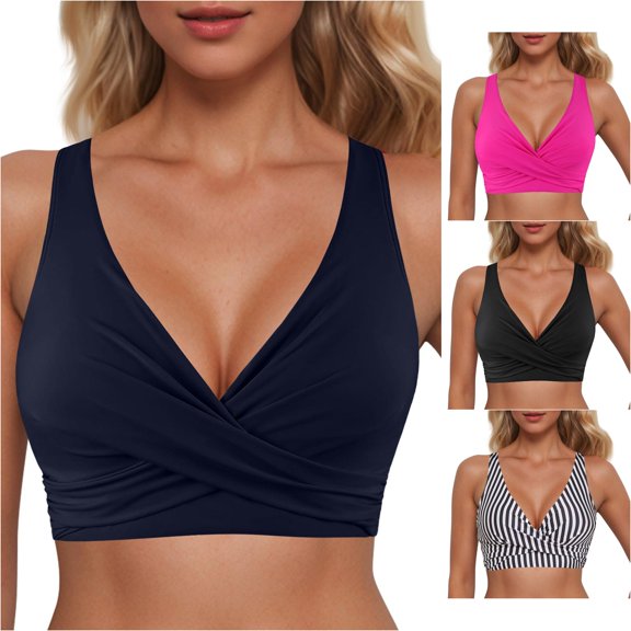 VNKIDY Womens Wide Strap V Neck Front Cross Wrap Side Ruched Solid Color Bikini Top Summer Beach Regular Fit Quick Dry Swim Bath Tops For Ladies Navy L