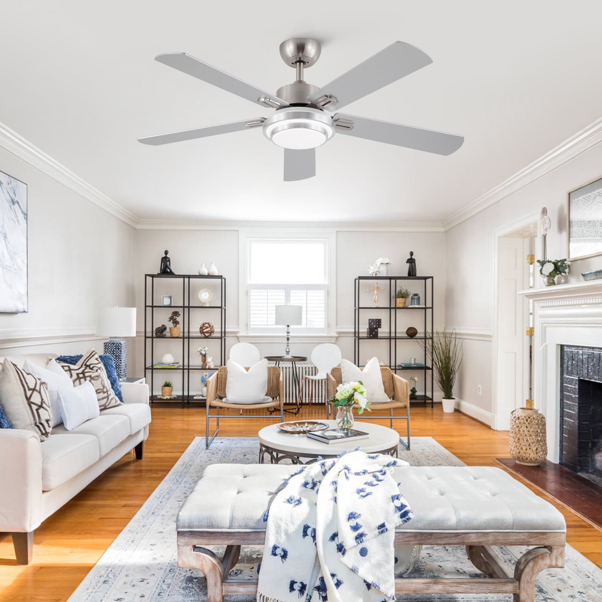Leumius 52" Brushed Nickel Ceiling Fan with Intergrated LED Light Kit with Remote Control, 5 Plywood Blades and Work with Smart APP for Living Room Bedroom