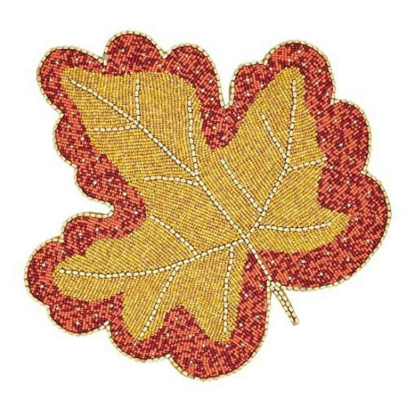 Fennco Styles Hand Beaded Maple Leave Placemat 15" Round, 1- Piece - Orange Holiday Table Mat for Home Décor, Family Gathering, Banquets, Thanksgiving and Special Occasion