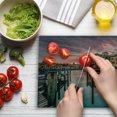 thumbnail image 3 of Cityscape Cutting Board, Colorful Sunrise over Venetian Bay Naples Florida Apartments Trees Waterscape, Decorative Tempered Glass Cutting and Serving Board, Large Size, Purple Green, by Ambesonne, 3 of 5