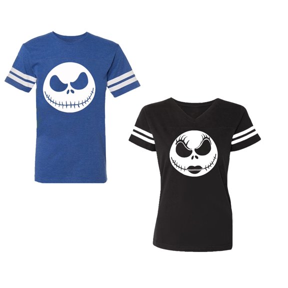 Jack SkullUnisex Couple Matching Cotton Jersey style T-Shirt Contrasting stripes on sleeves (Men Royal / Women Black) (Men S / Women S)