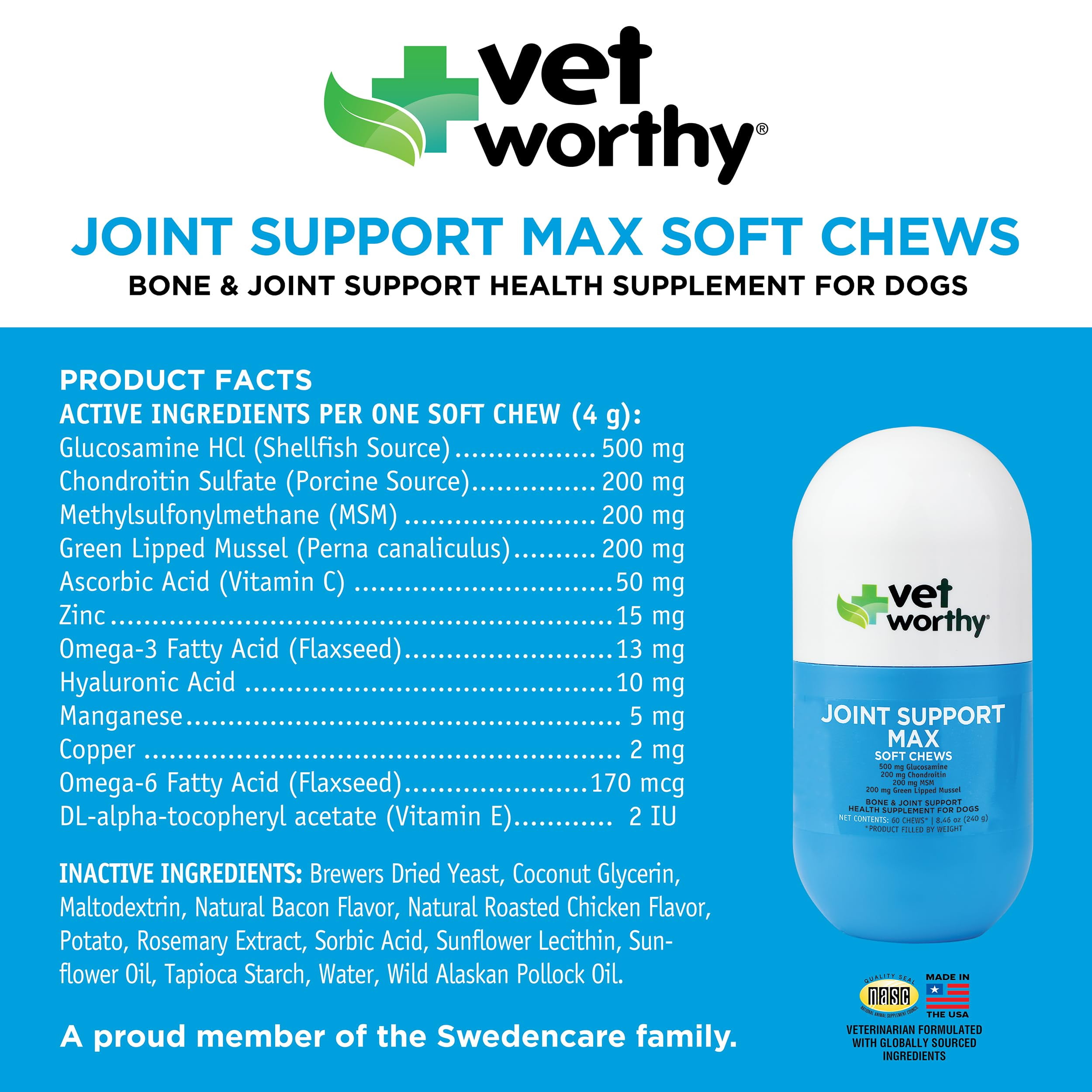 Vet Worthy Joint Support Max Soft Chews - Bone and Joint Supplement for Dogs - Rich in Glucosamine Chondroitin for Dogs & MSM - Formulated for Stiffness, Mobility, and Cartilage Protection – 60 Count