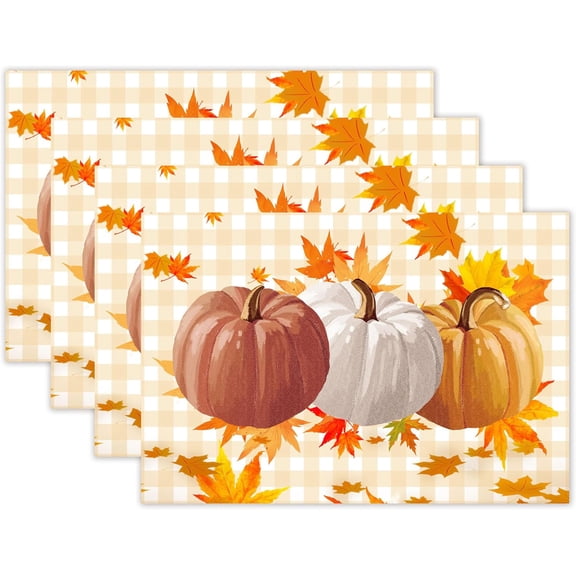 Fall Indoor Kitchen Placemats Decor Thanksgiving Yellow Pumpkin Wipeable Dining Placemats Set of 4,12x18 Inch