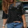 thumbnail image 2 of Hauts à Manches Longues Col en V à Sequins pour Femmes T-Shirt Blouse Décontractée Grande Taille Argent P, 2 of 6