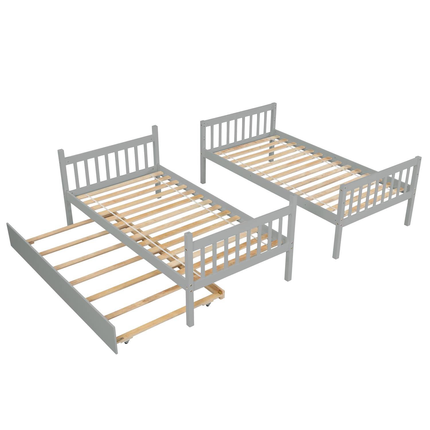 Twin Over Twin Bunk Bed with Trundle, Solid Pine Wood Bed Frame with Safety Rail and Ladder for Kids/Teens Bedroom, Convertible Bunk Bed for 3 People, No Box Spring Needed, Gray