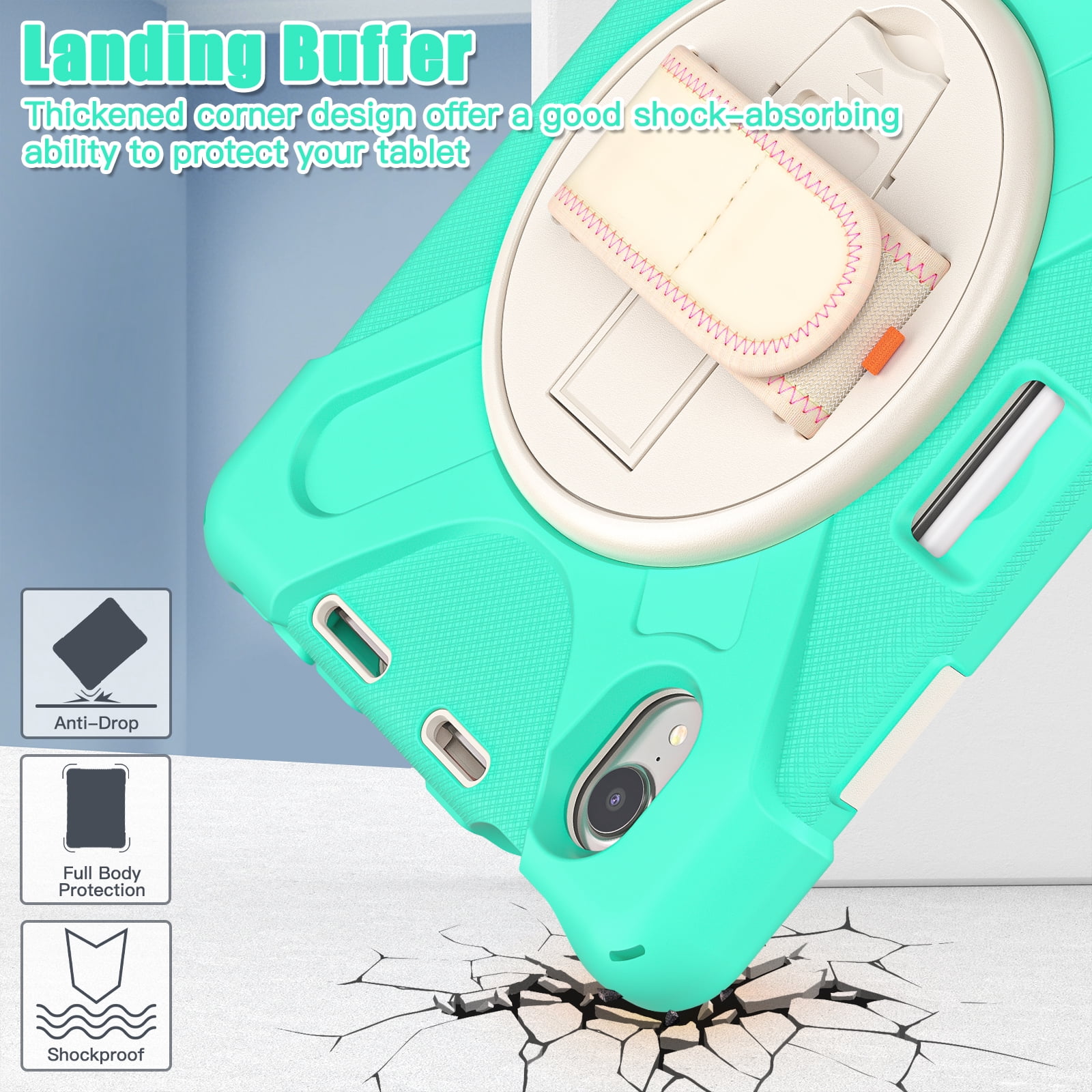 Portable Rugged Case for 2021 Apple iPad Mini 8.3" (6th Generation 2021 Release) - Rotating Stand Case with Adjustable Hand/Shoulder Strap, Built-in Pencil Holder, Shockproof Hard Cover (Mint Green)