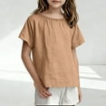 thumbnail image 5 of Girls Linen Tops Short Sleeve T-shirts Solid Color Casual Summer Cozy Tees Loose Fit Crew Neck Tshirts (2-3 Years, Khaki), 5 of 7