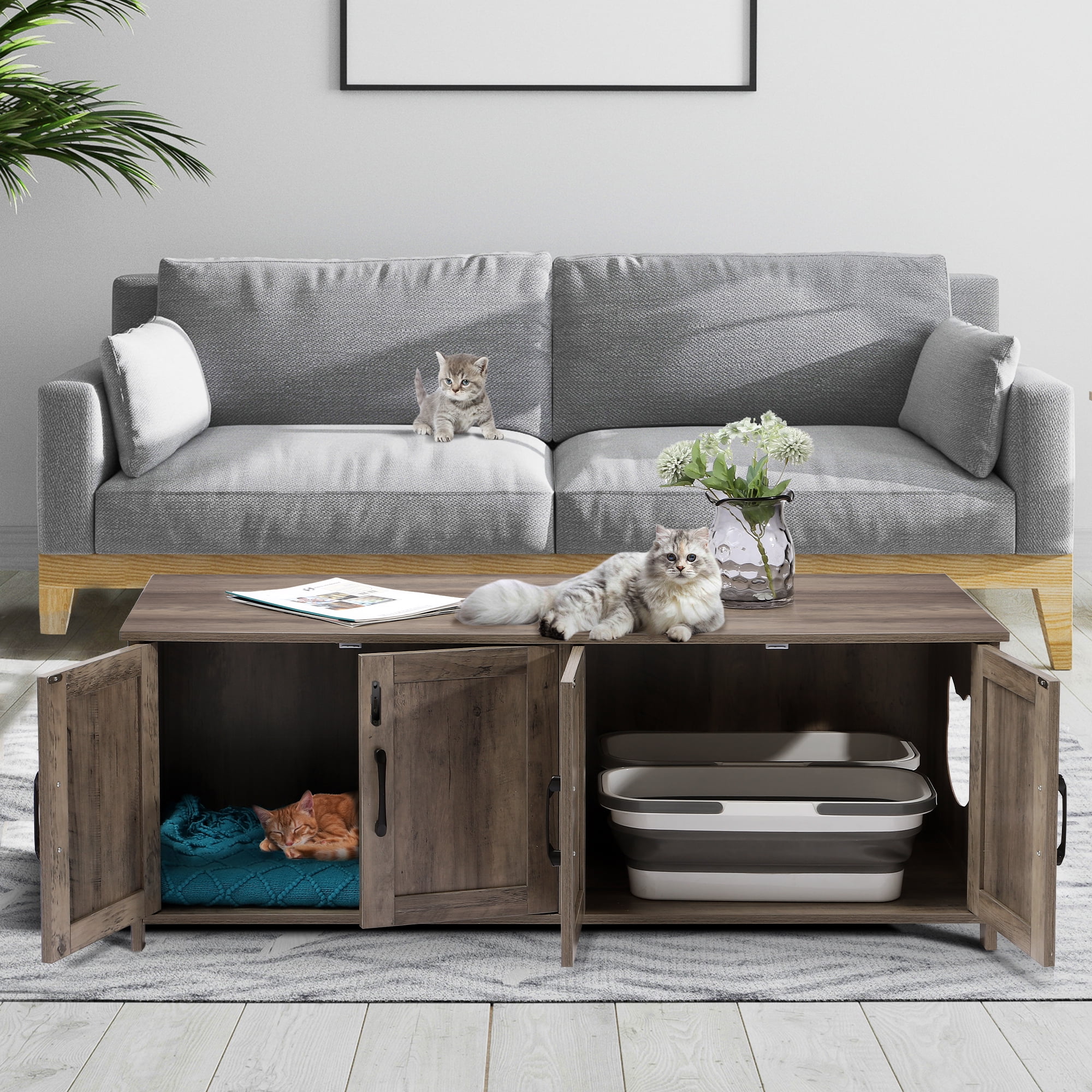 Haverchair Cat Litter Box Enclosure for 2 Cats - Litter Box Furniture Hidden with Lockable Door,Wooden Cat Washroom Furniture with Double Room,Cat House,Hideaway Litter Box,Greige