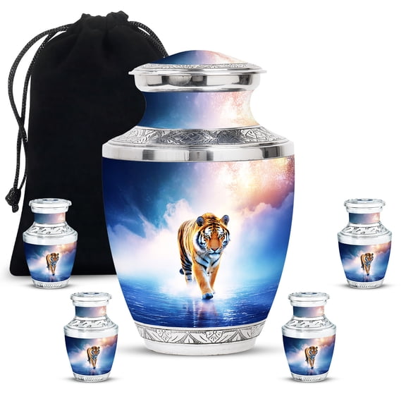 JAGASY Tiger Cremation Urns Combo for Parents, Blue Small Urns for Human Ashes Keepsake, Sky Clouds & Water Decorative Urn for Mother, Large Funeral Urn for Father, (1 Large, 10" & 4 Small, 3")