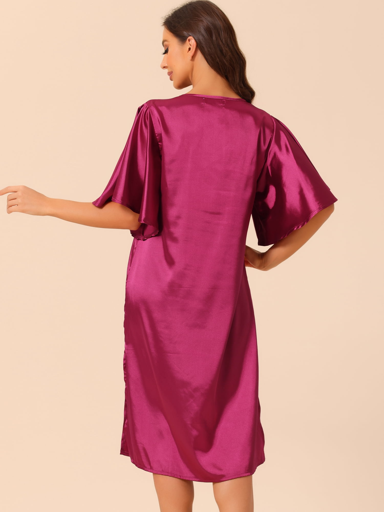 DARING DIVA Women's Satin Flare Bell Short Sleeve Nightgown S Deep Red