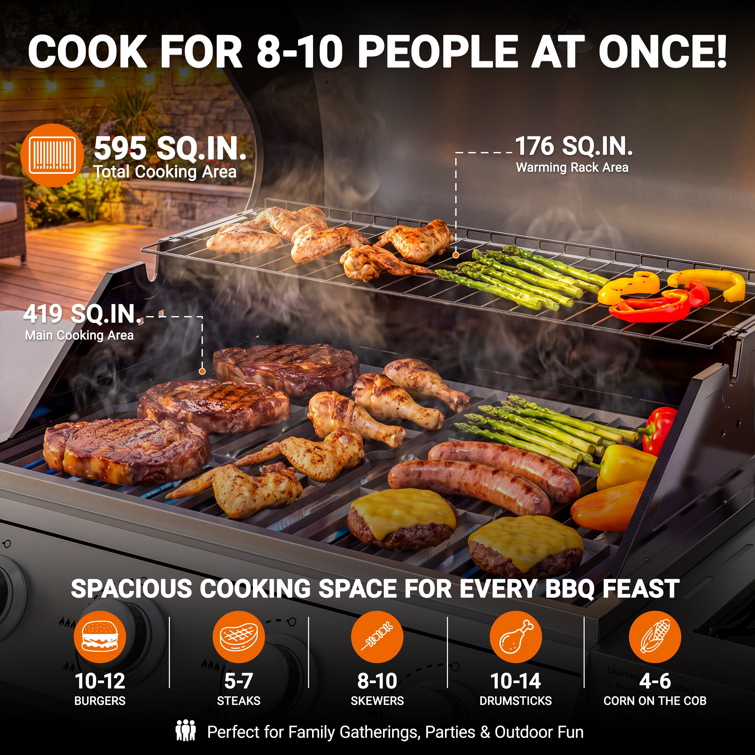 4-Burner Gas Grill with Side Burner, 51,000 BTU Propane BBQ Grill with Porcelain-Enameled Cast Iron Grates, Built-in Thermometer, Ideal for Patio Camping Outdoor Cooking