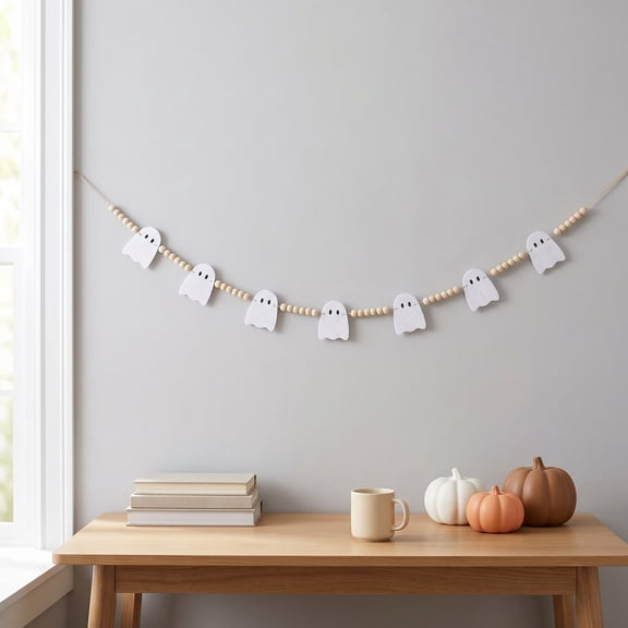 Halloween Ghost Garland Decorations, Adjustable Spooky Hanging Felt Ghost Garland for Mantel Fireplace Decor, Boho Wood Beads Halloween Banner for Home Room Indoor Farmhouse Office Wall Decor