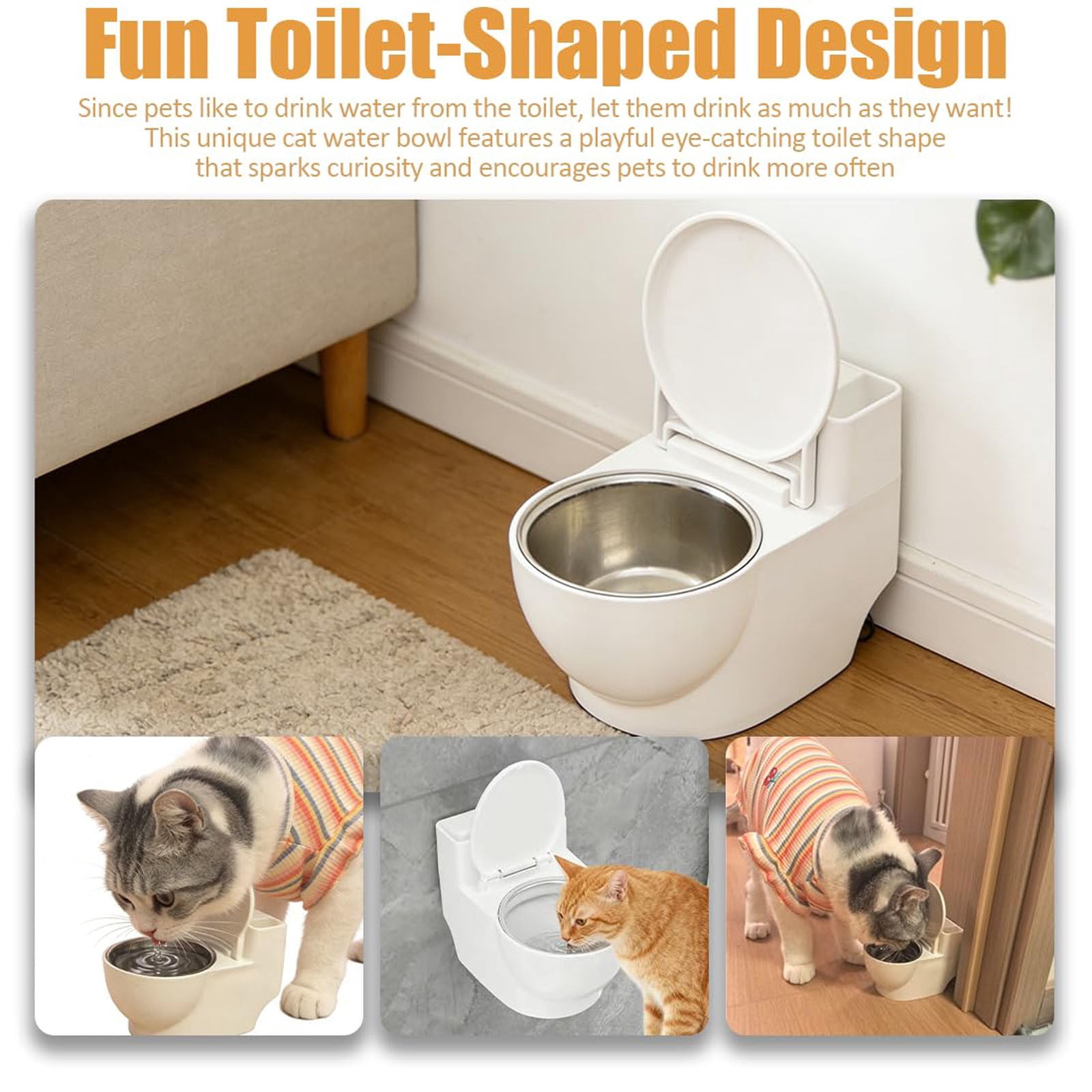 Cagogo 3Pcs Holiday Pet Water Bowl, Toilet-Shaped Cat Water Dispenser Wall Mounted With Lid, Stainless Steel Inner Bowl For Cats, Humorous Home Decor Pet Fountain