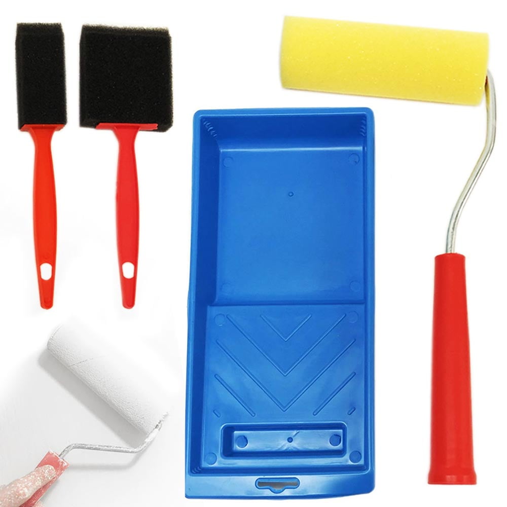 4PC Paint Roller Set 4' Foam Tray Brushes Home Painting Supplies Wall Tool Kit