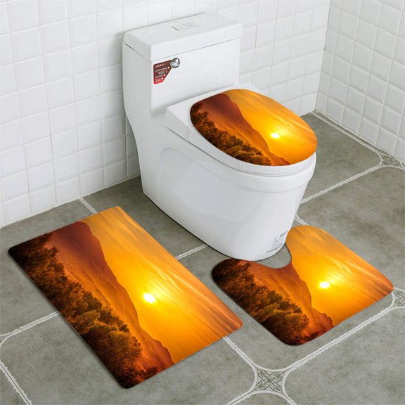 GOHAO Golden Sunrise 3 Piece Bathroom Rugs Set Bath Rug Contour Mat and Toilet Lid Cover