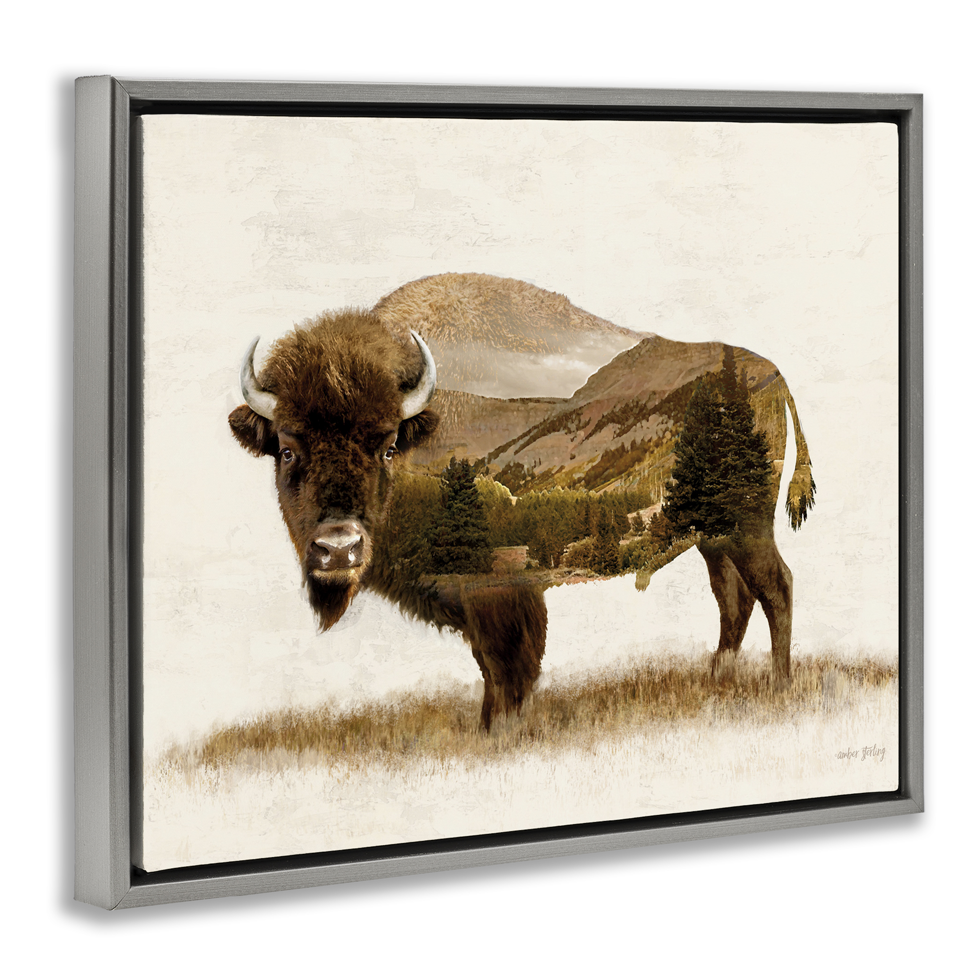 Stupell Industries Nature Patterned Bison Animals & Insects Painting Gray Floater Framed Art Print Wall Art, 31 x 25