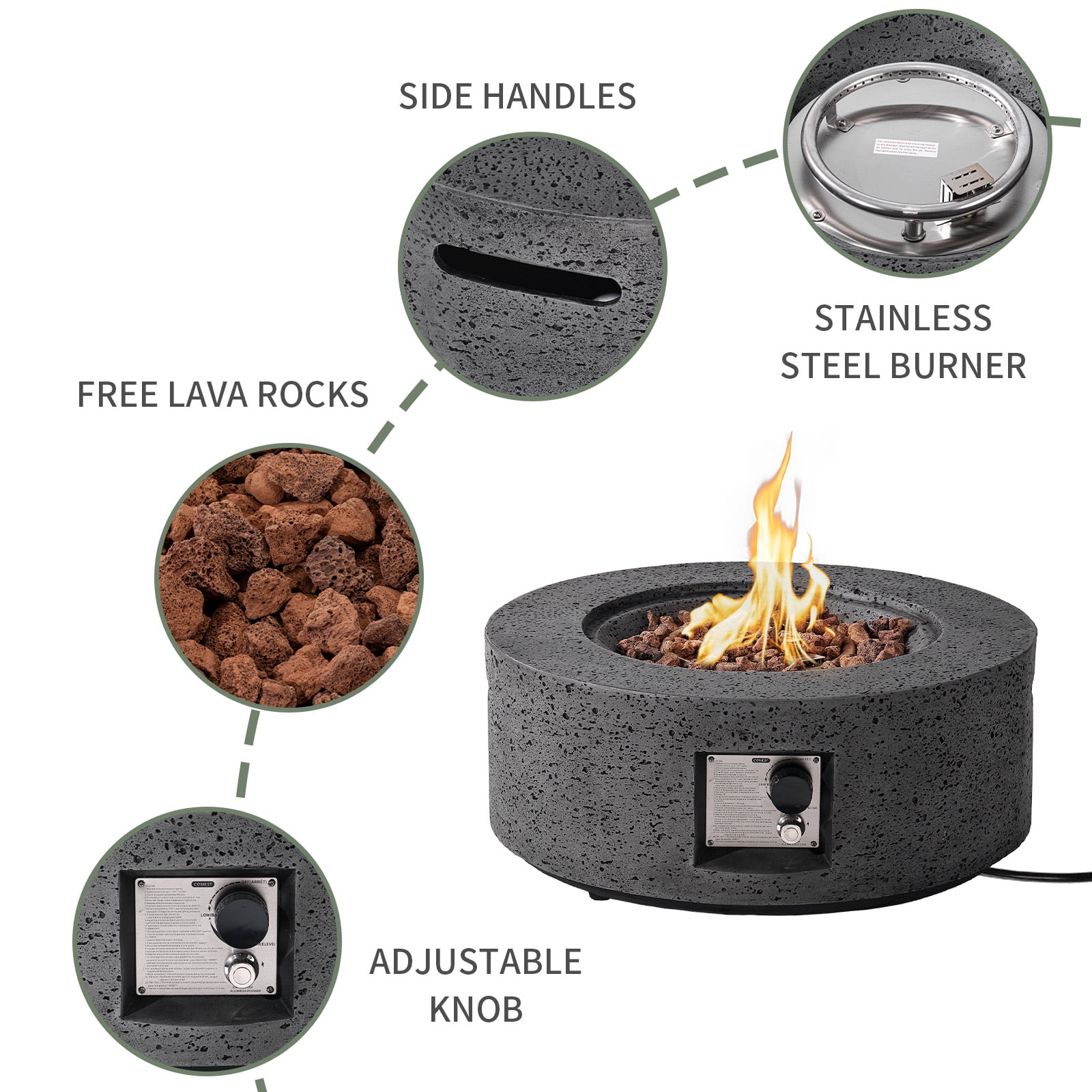 VENTOPYR 28" Outdoor Propane Fire Pit Table,40000 BTU Stainless Heater w/ Lava Rocks & Cover, Gray