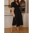 thumbnail image 4 of Faithtur Robe Longue Décontractée d'Été pour Femmes Couleur Unie Froncée Col en V Manches Courtes Mode Plage Vacances, 4 of 7