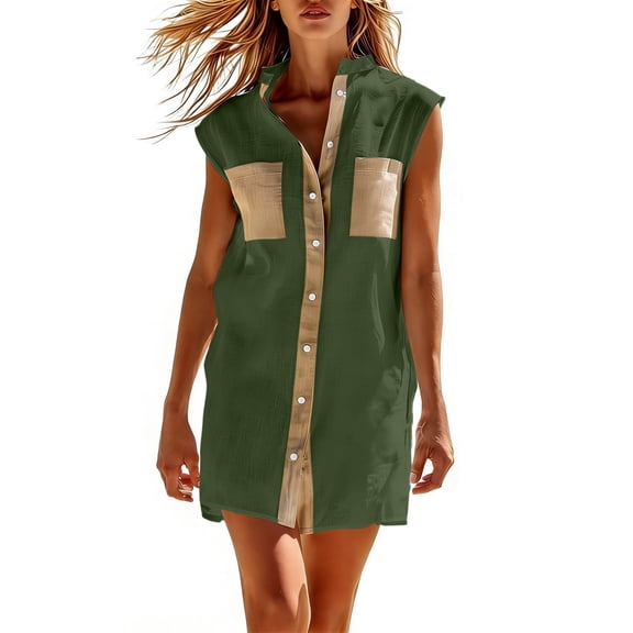 Bosfbaoi Women's Sleeveless Shirt Dress, Color Block Button Front Mini Dress, Lightweight Breathable Loose Fit Casual Sundress