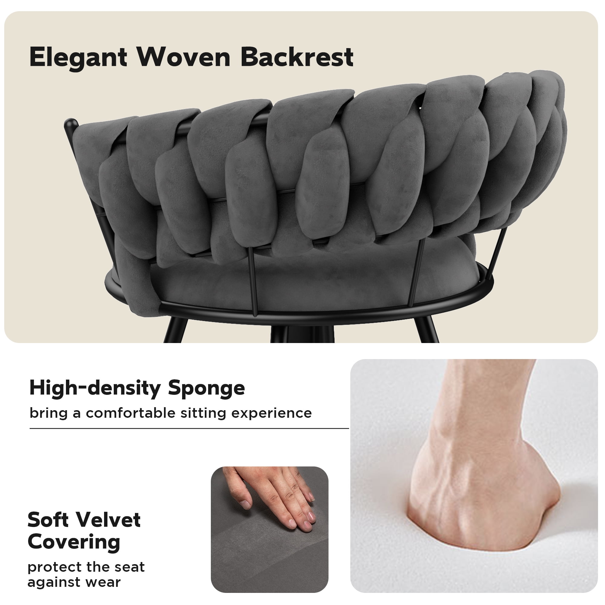 Andeworld 26'' Bar Stools with Woven Back set of 2, Modern Velvet Barstools with Upholstered Seating, Counter Height Barstool in Round Footrest, Gray