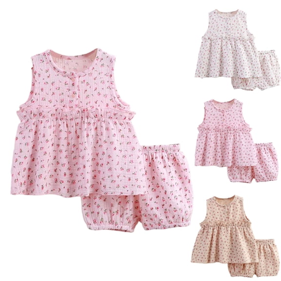 THDHVS Newborn Girl Outfits,Toddler Outfits for Girls,Floral Print Sleeveless Dress Shorts Set for Baby Girl Soft Comfortable Breathable Loungewear Wear 1-2 Years