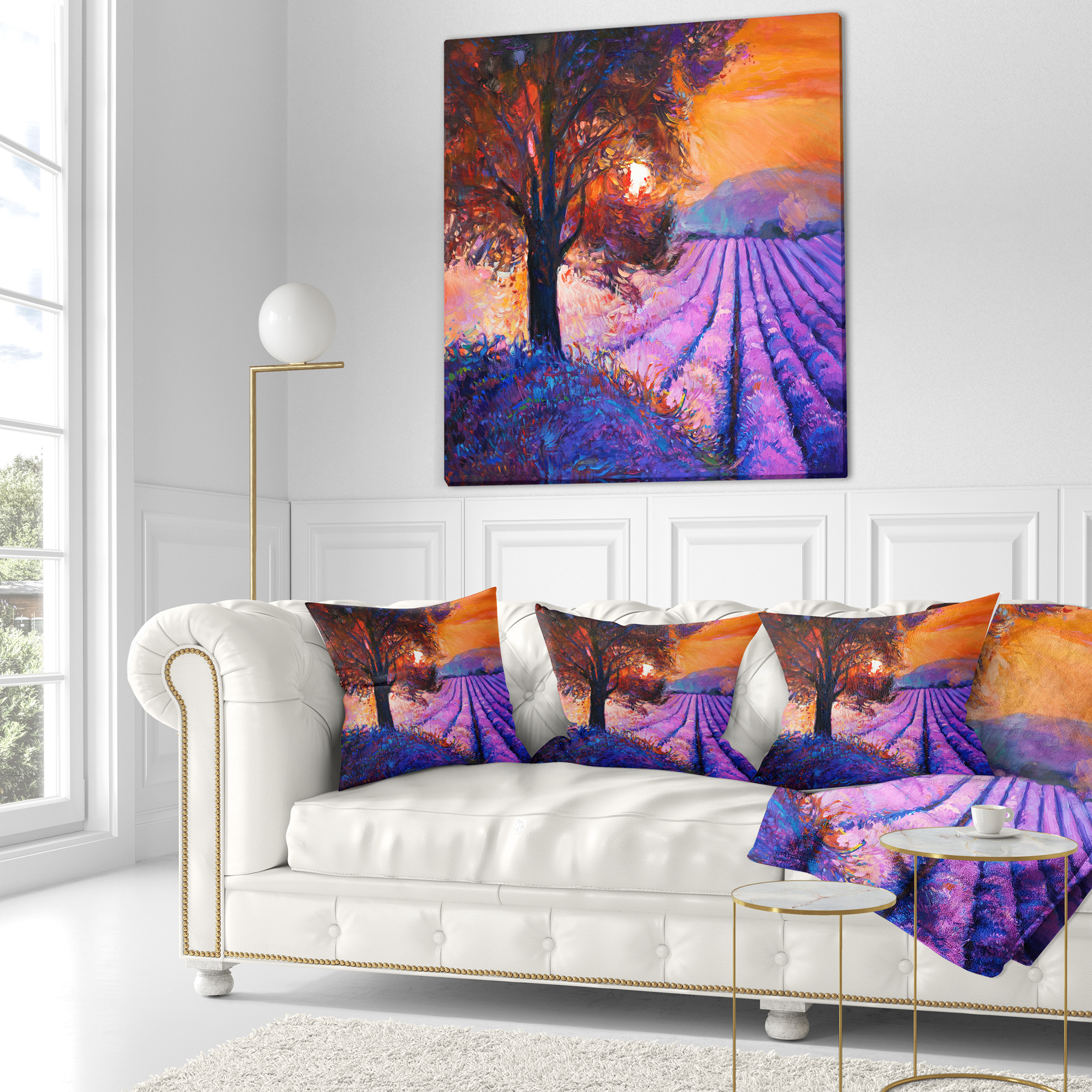 Designart Majestic Lavender Field and Tree - Floral Throw Pillow - 18x18