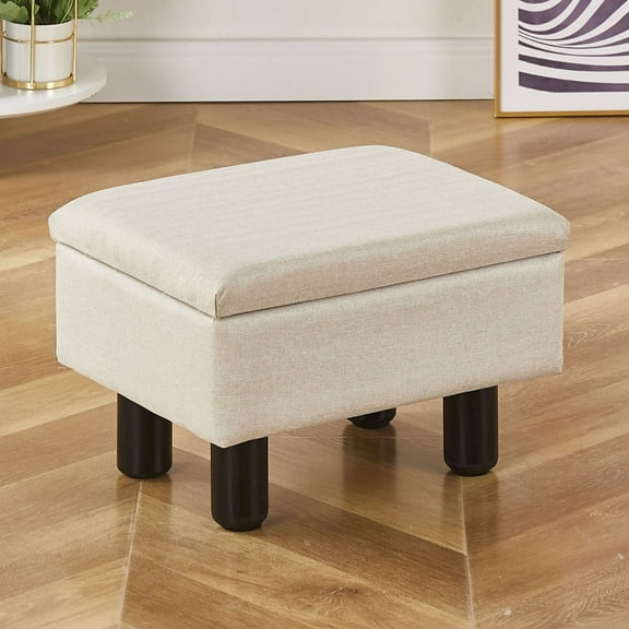 IVV Low Upholstered Ottoman with Storage in Beige Linen, Modern Multifunctional Footrest Side Table with Solid Wood Legs, 15.9"L x 12"W x 9.8"H