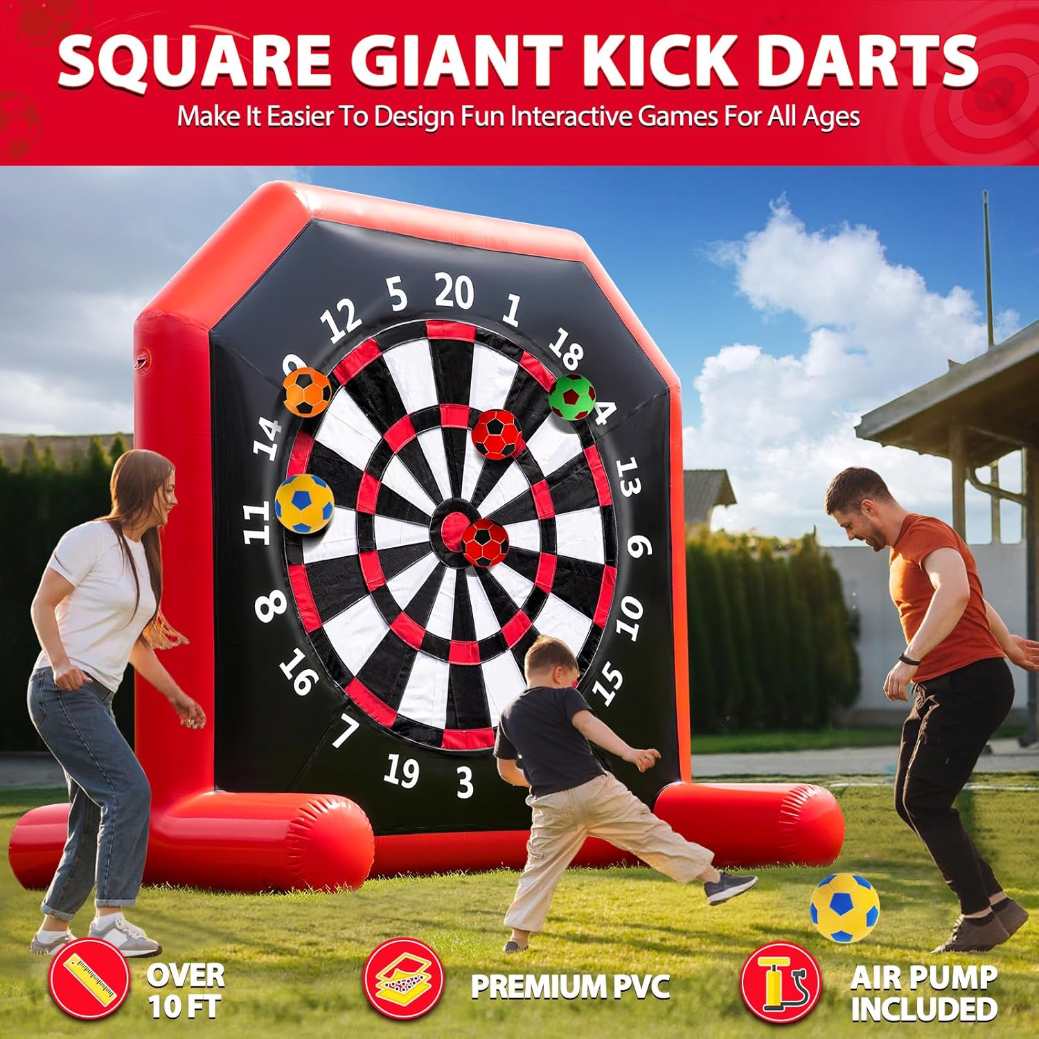 Vakiorn Inflatable Soccer Dart Board 10 ft Giant Kick Darts with 4 Balls and Air Pump 20+ Outdoor Games for Yard Party Adults