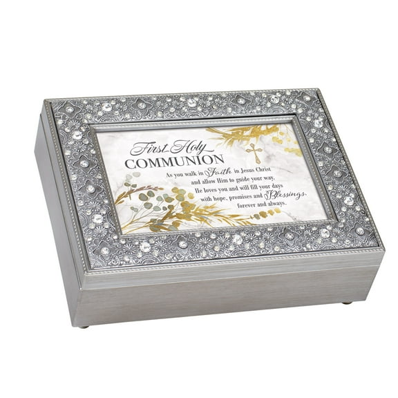 First Holy Communion Filigree Jeweled Bead Silver Tone Music Box Plays Friend In Jesus