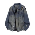 thumbnail image 1 of Lovzfmll Men's Denim Jacket Washed Distressed Notched Lapel Button Front Dark Blue, XL, 1 of 8