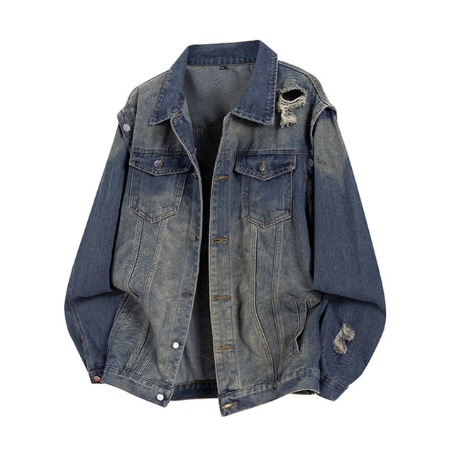 Lovzfmll Men's Denim Jacket Washed Distressed Notched Lapel Button Front Dark Blue, XL