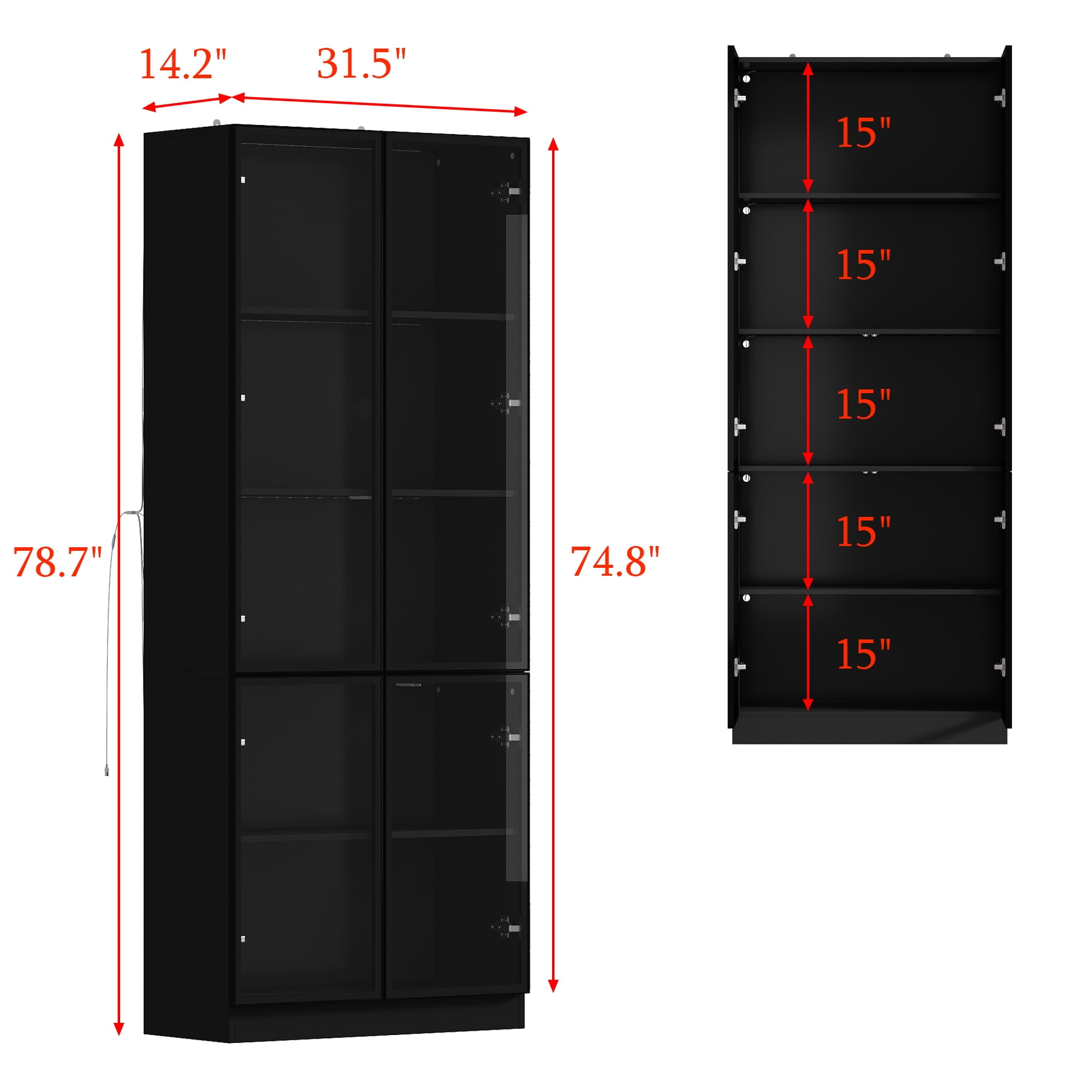 KULAGAGA Bookcases Organizer with LED Lights, Heavy Duty Display Cabinet with Glass Door for Living Room, 31.5" Wide