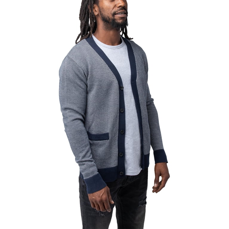 X RAY JEANS Mens Herringbone Cardigan Sweater, White/Navy, S