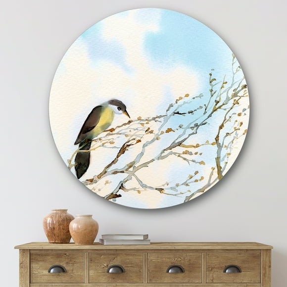 Designart - Bird On Old Bare Tree With Blue Cloudy Sky - Traditional Metal Circle Wall Art