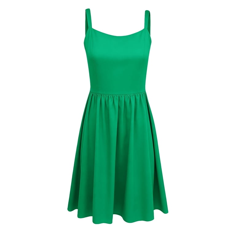Glisme Dress For Women Knee Length Sleeveless Floral High Waist A Line Vest Dresses Square Neck Beach Floral Midi Dress With Pocket Trend Clothing Green 2Xl