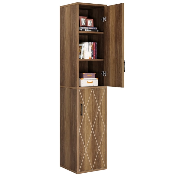 Fnova 75.59" Tall Storage Organizer Cabinet with 2 Doors & 6 Compartments, Adjustable Shelves Narrow Freestanding Cabinet, Home Furniture for Living Room Kitchen Bathroom Bedroom