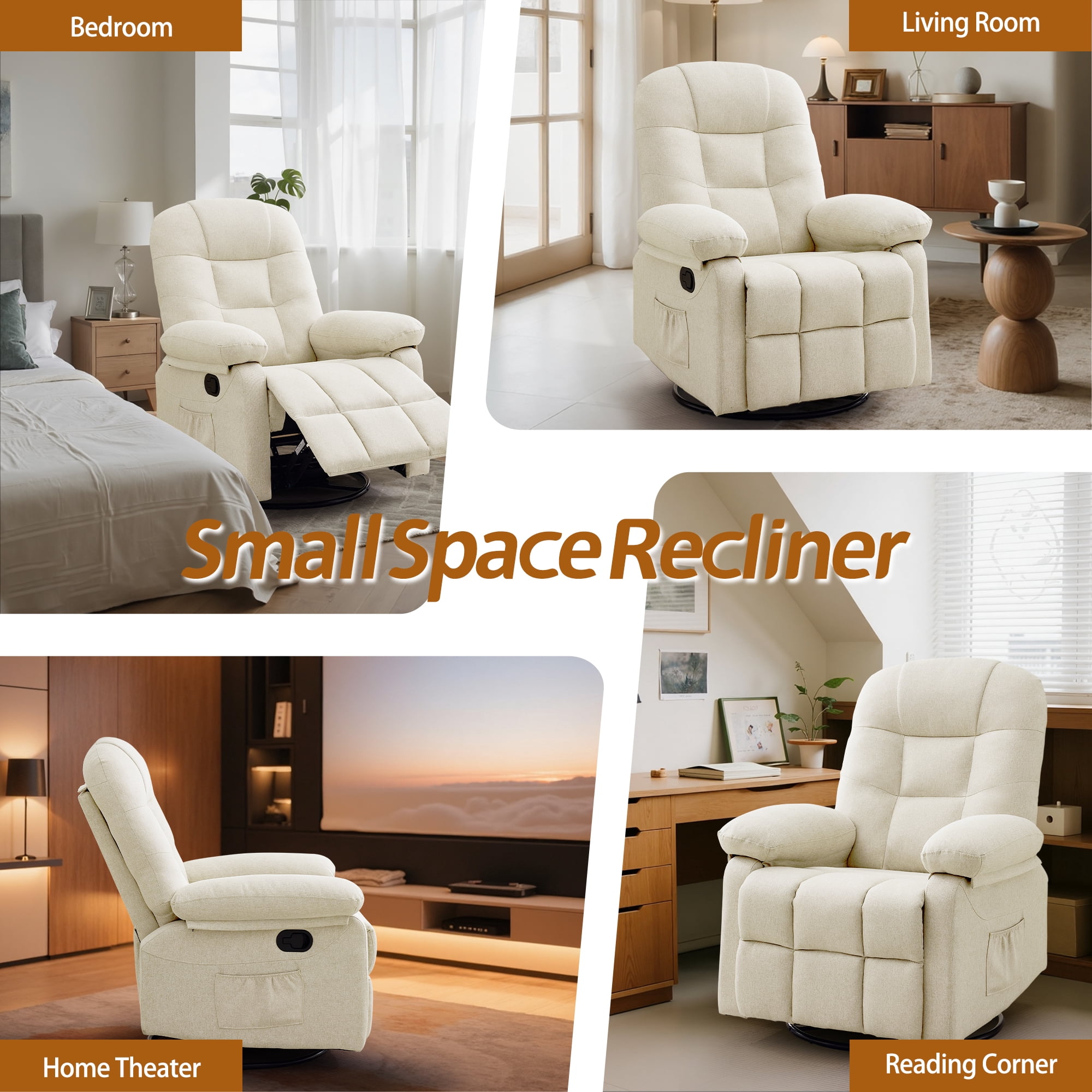 Korser Manual Swivel Rocker Recliner Chair for Living Room,Small Recliner Sofa for Small Spaces,Linen Fabric,Beige