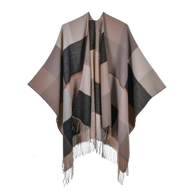 Women's Plaid Print Knitted Shawl Wrap Open Front Winter Cardigan Sweater Ruana Cape Warm Coat