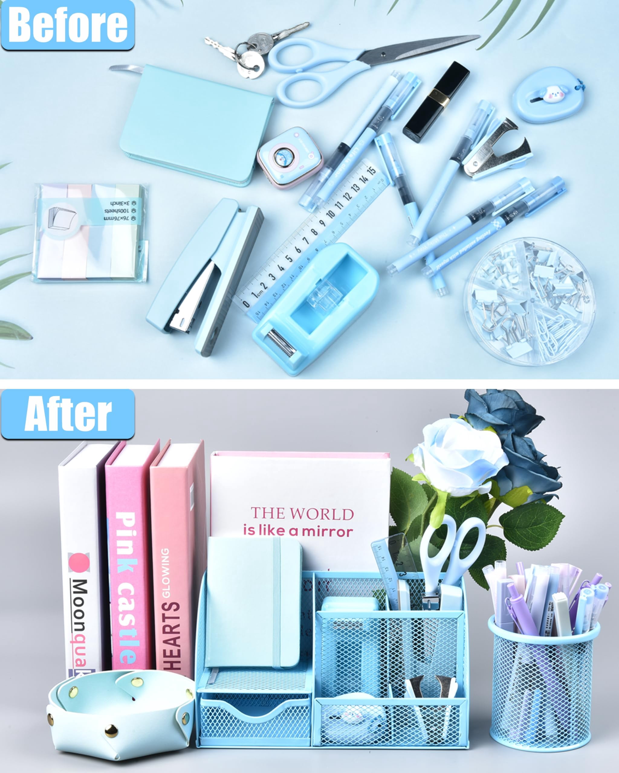 Blue Desk Accessories  26pcs Office Supplies And Organizers With Tape Dispenser Stapler Staple Remover Ect Gift Box Packaging