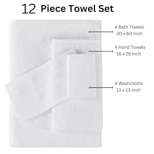 Casa Platino 12 Piece White Cotton Towels Set - Includes 4 Large White Bath Towels, 4 Hand Towels & 4 Washcloths - Soft Absorbent Towels for Bathroom
