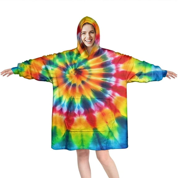 Colorful Tie Dye Rainbow Pattern Wearable Oversized Blanket,Wearable Blanket Hoodie for Adults,Cozy Hooded Blankets with Super Pockets,Super Warm Fuzzy Pullover for Women & Men