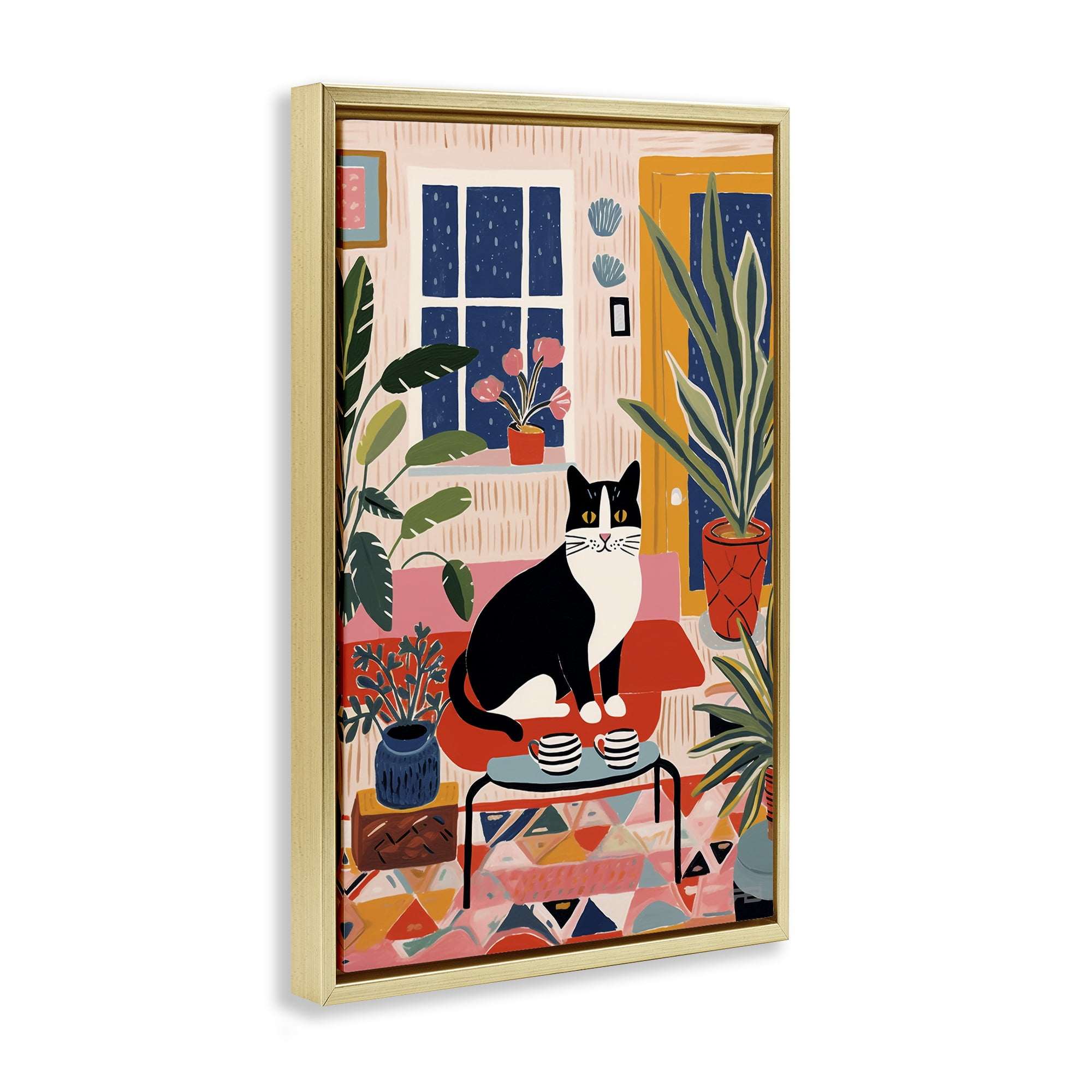 Stupell Industries Eclectic Living Room Cat Animals & Insects Painting Gold Floater Framed Canvas Art Print Wall Art, 17 x 25